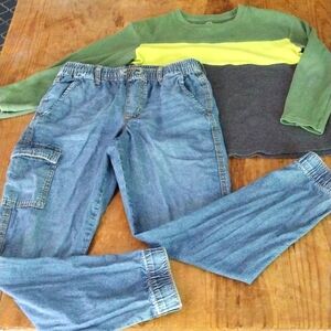 2pc boys denim cargo jogger and waffle knit top